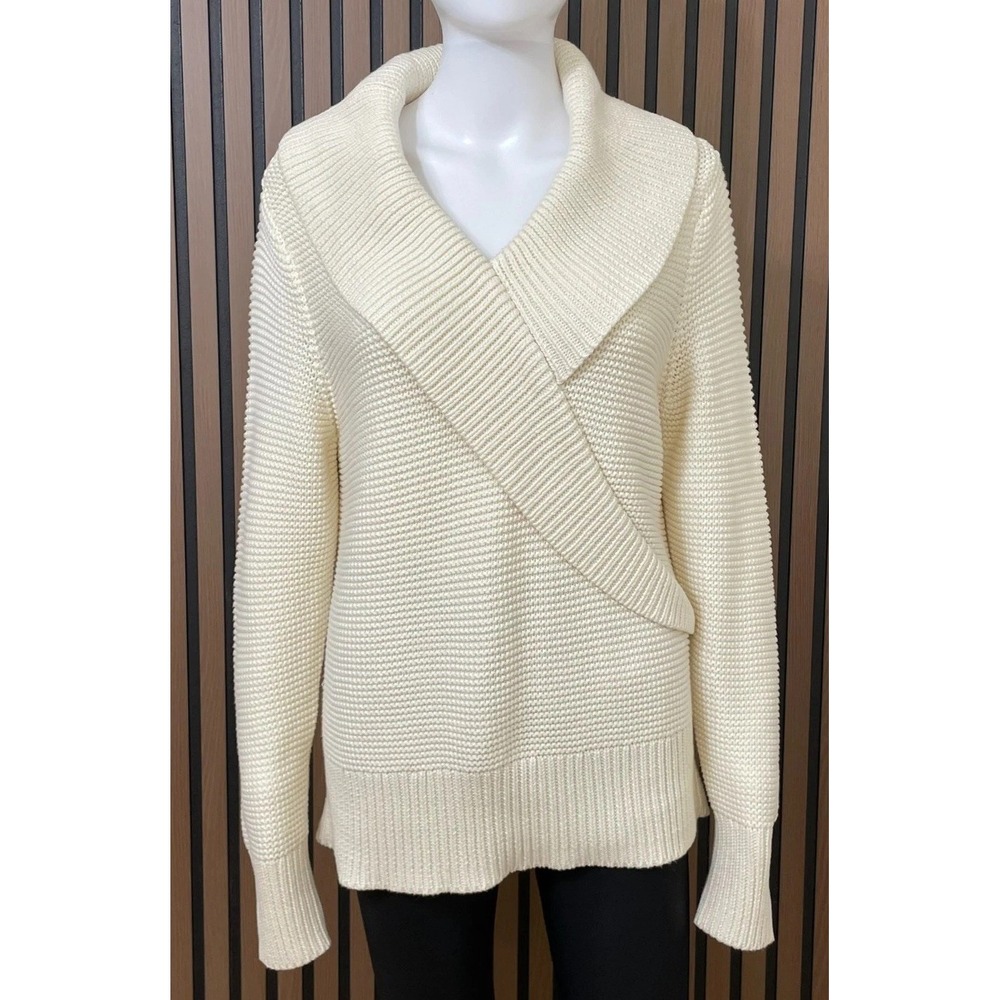 Talbots Women's XL Cream Sweater 100% Cotton Chunky Knit Cozy   Ruffle Cowl Neck
